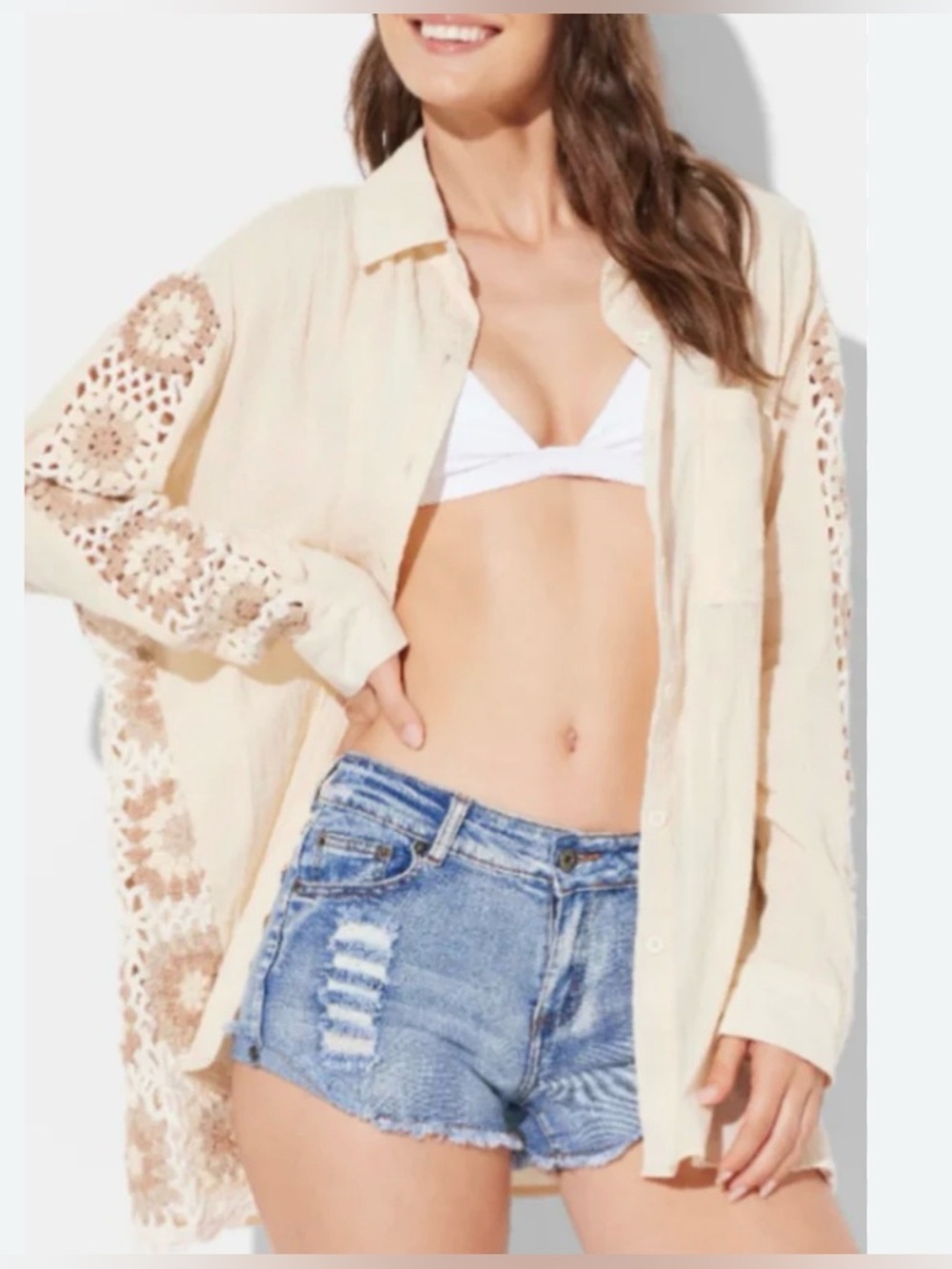 NWT Ocean Drive Crochet Button Up Shirt Beige Oversized Lightweight Boho Med.